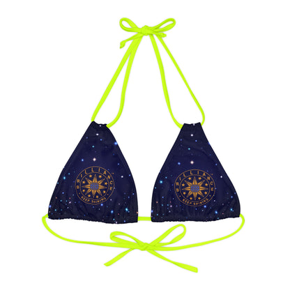 Brilliance Strappy Triangle Bikini Top with Starry Night Print and Logo Neon Yellow Straps Front Side