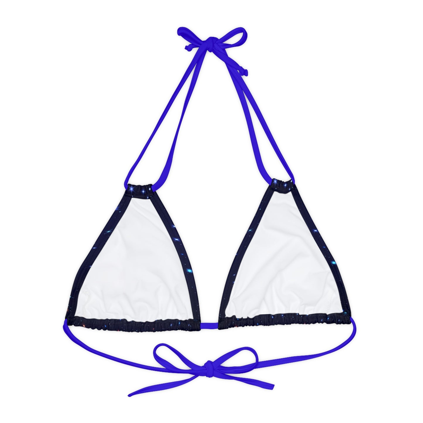 Brilliance Strappy Triangle Bikini Top with Starry Night Print and Logo Royal Blue Straps Back Side