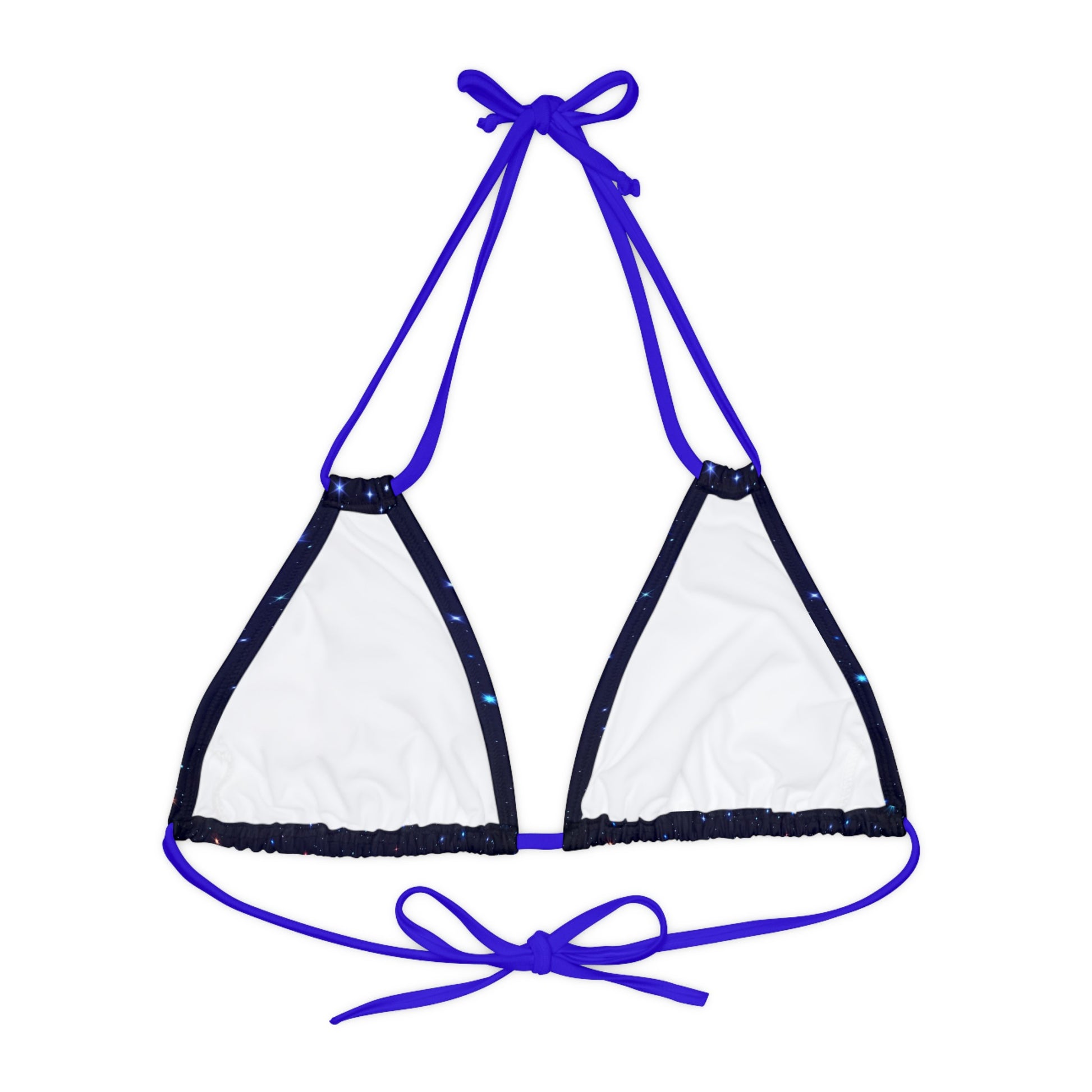 Brilliance Strappy Triangle Bikini Top with Starry Night Print and Logo Royal Blue Straps Back Side