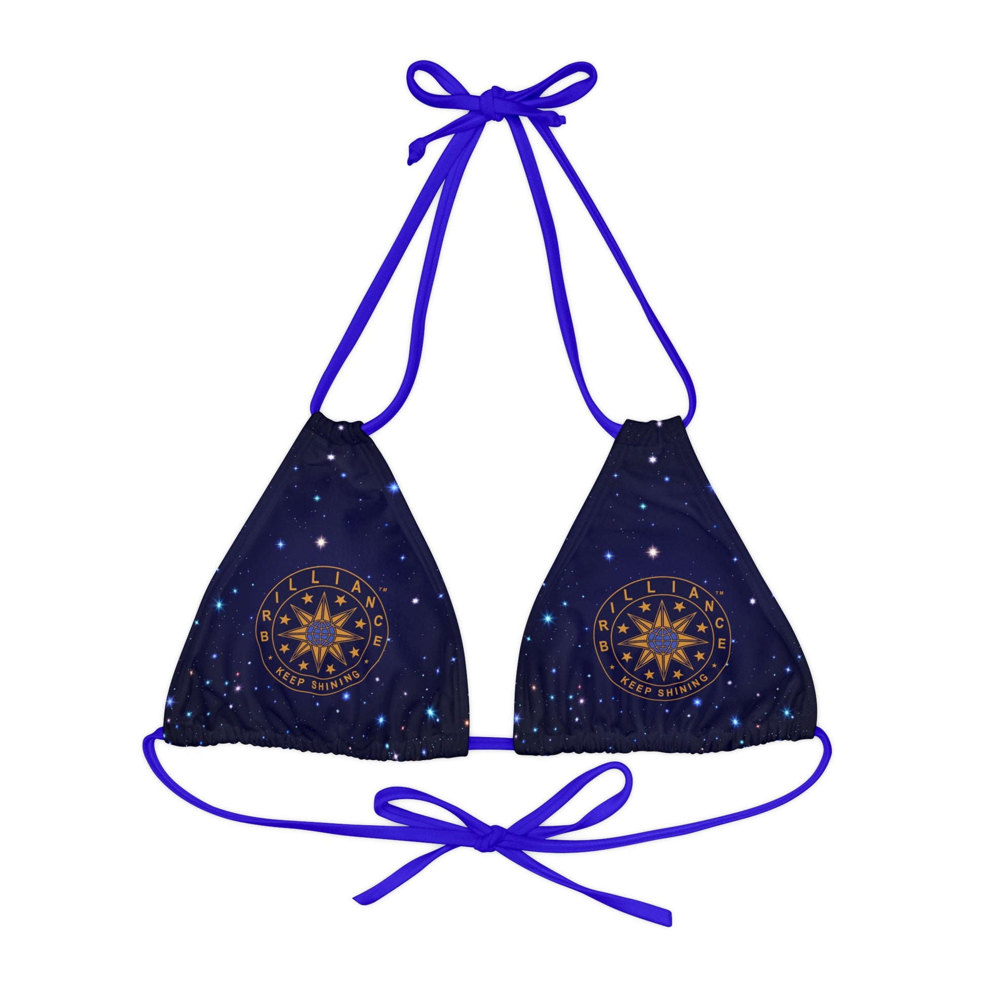 Brilliance Strappy Triangle Bikini Top with Starry Night Print and Logo Royal Blue Straps Front Side