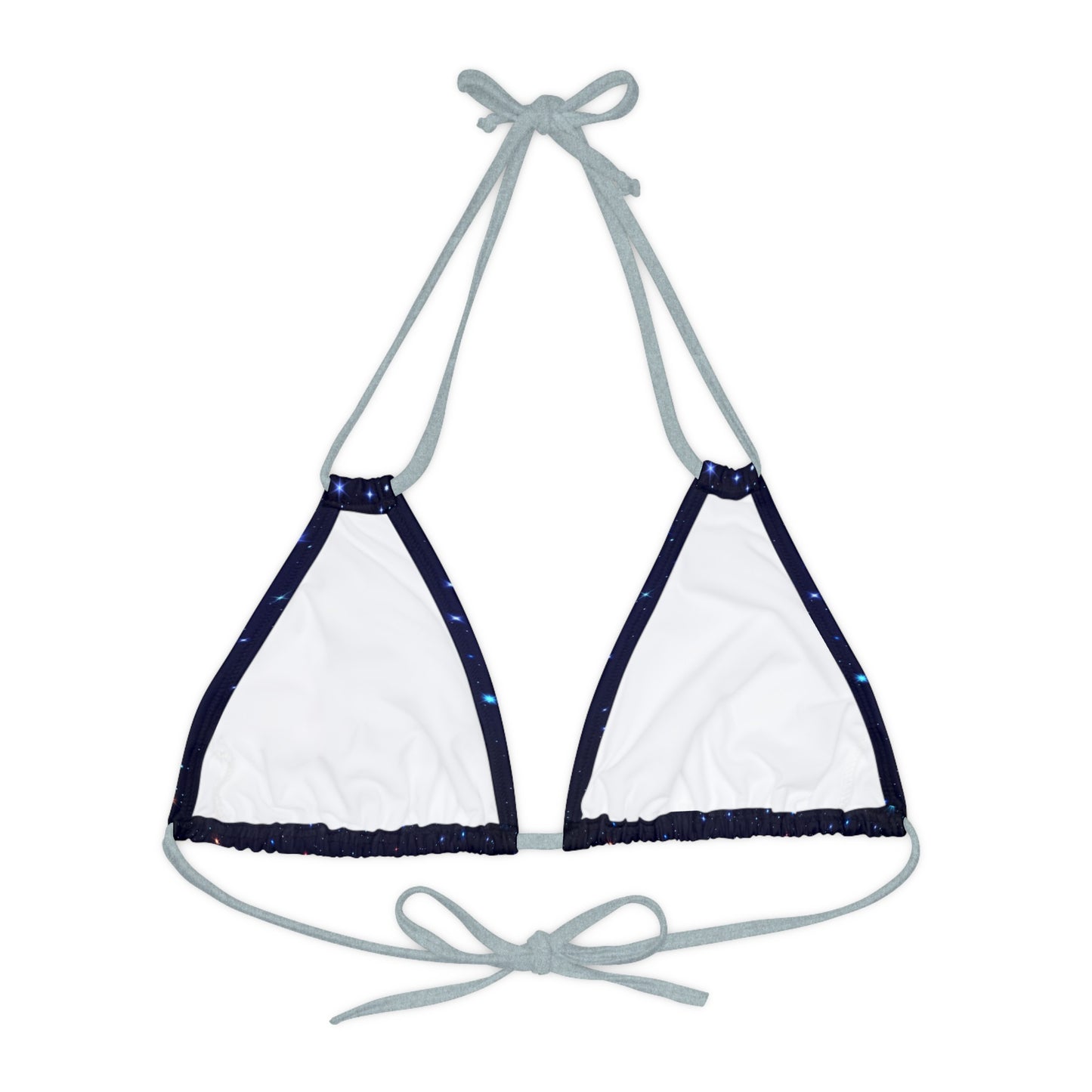 Brilliance Strappy Triangle Bikini Top with Starry Night Print and Logo Silver Straps Back Side