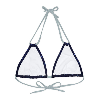 Brilliance Strappy Triangle Bikini Top with Starry Night Print and Logo Silver Straps Back Side