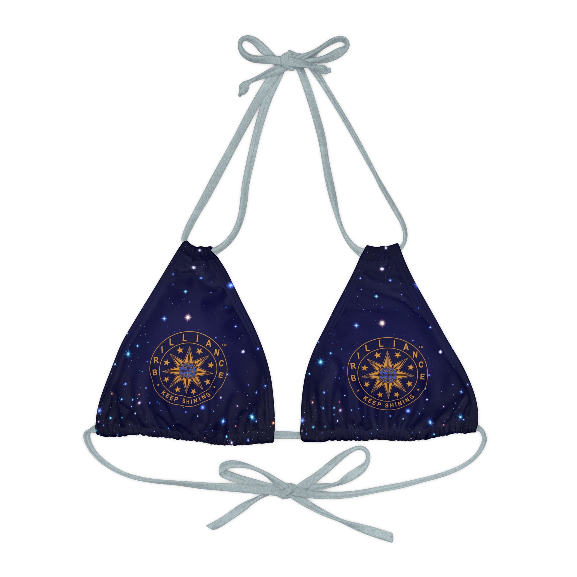 Brilliance Strappy Triangle Bikini Top with Starry Night Print and Logo Silver Straps Front Side