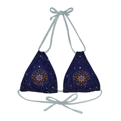 Brilliance Strappy Triangle Bikini Top with Starry Night Print and Logo Silver Straps Front Side