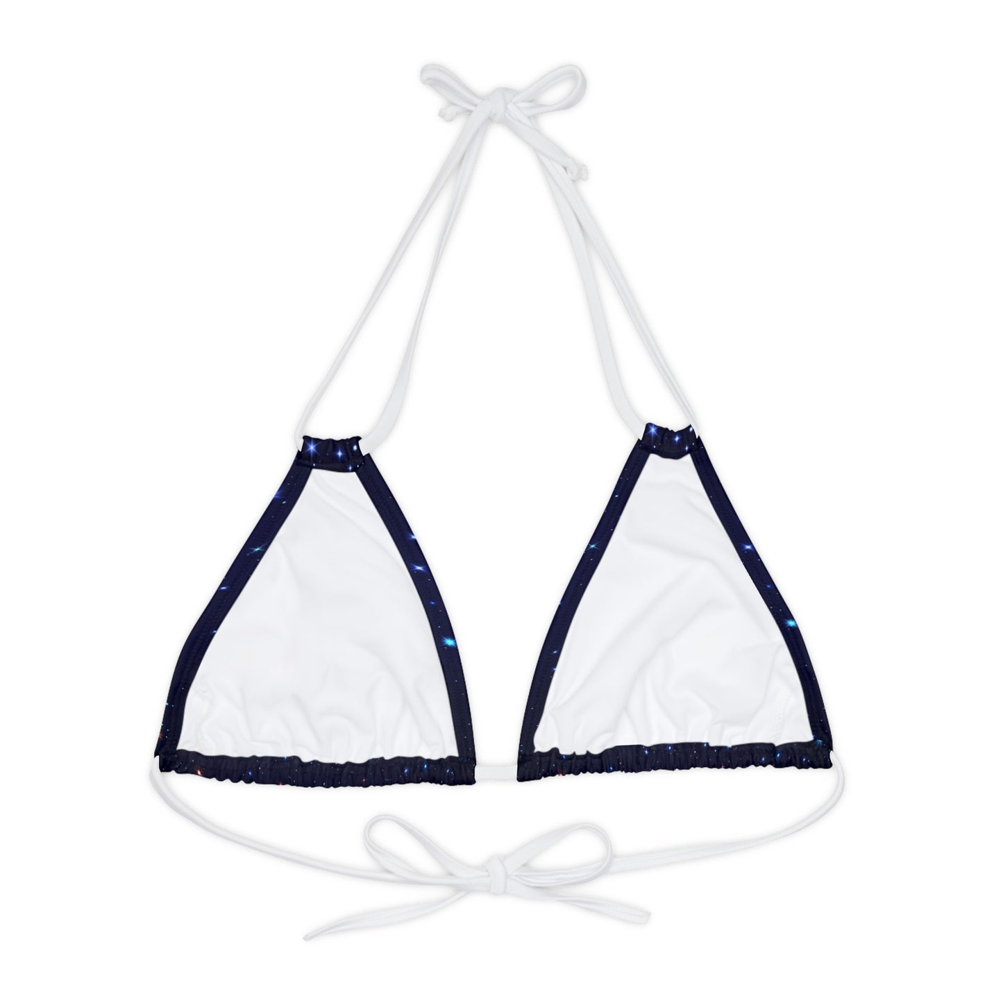 Brilliance Strappy Triangle Bikini Top with Starry Night Print and Logo White Straps Back Side