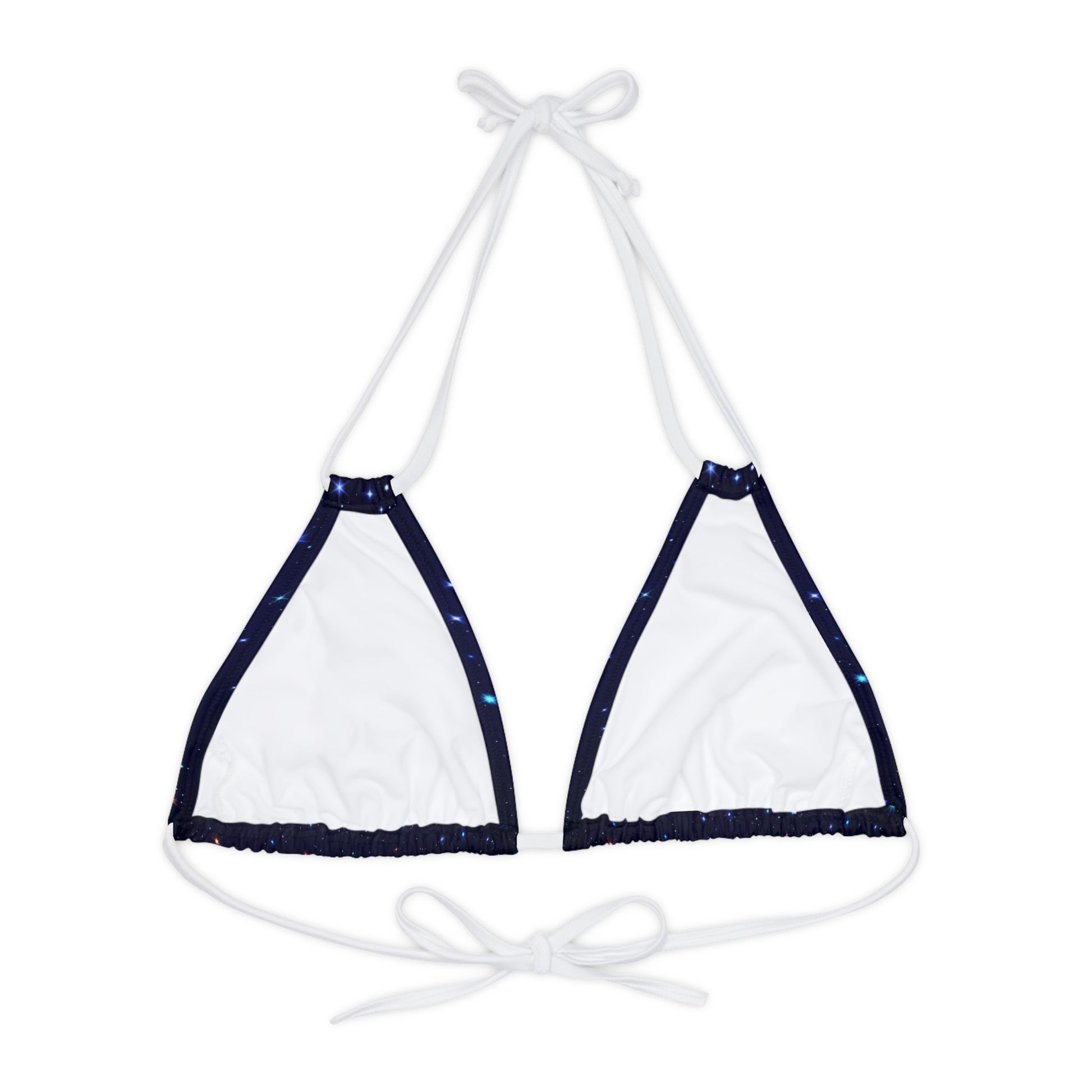 Brilliance Strappy Triangle Bikini Top with Starry Night Print and Logo White Straps Back Side