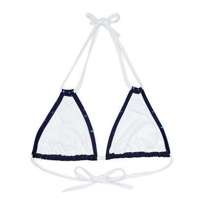 Brilliance Strappy Triangle Bikini Top with Starry Night Print and Logo White Straps Back Side