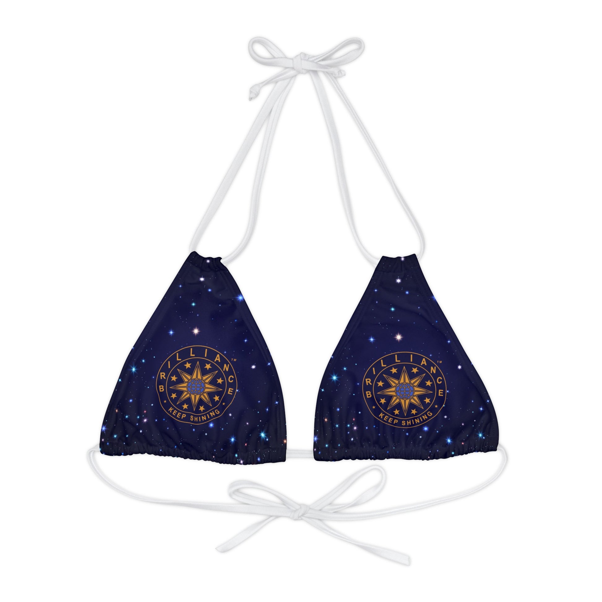 Brilliance Strappy Triangle Bikini Top with Starry Night Print and Logo White Straps Front Side