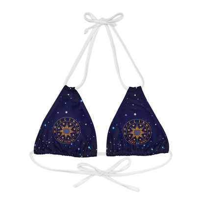 Brilliance Strappy Triangle Bikini Top with Starry Night Print and Logo White Straps Front Side