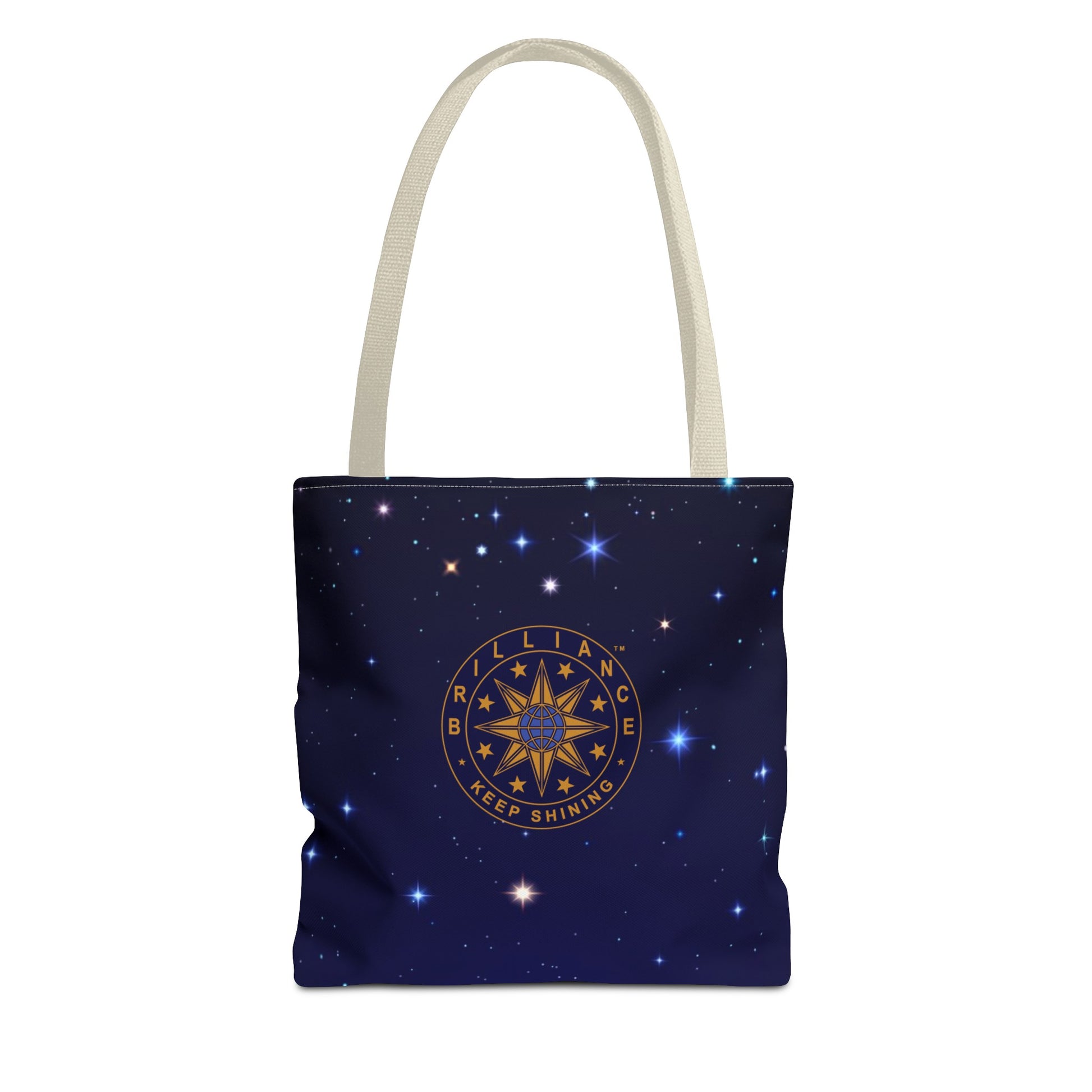 Brilliance Tote Bag with Starry Night Print and Logo Beige Handle Front Side