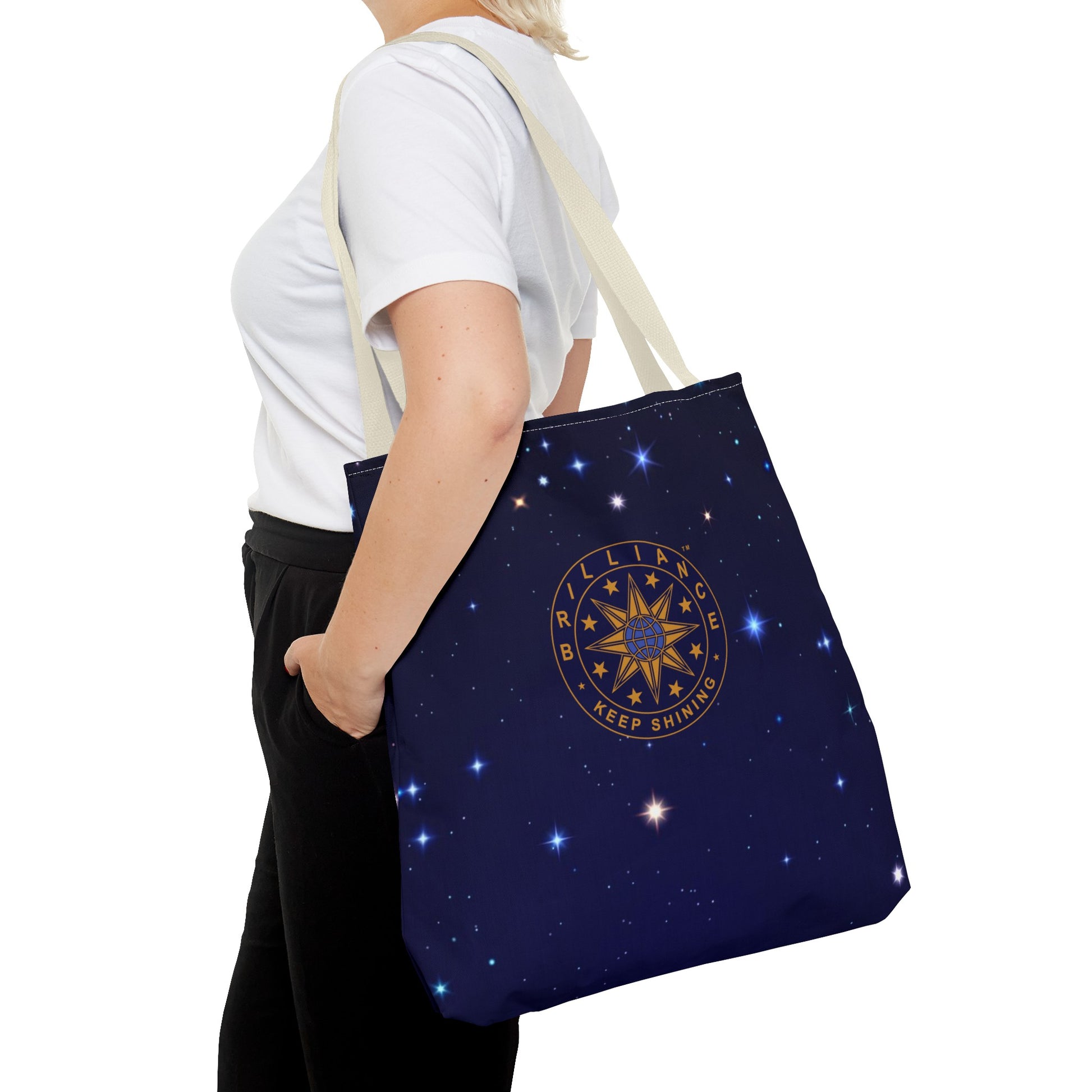 Brilliance Tote Bag with Starry Night Print and Logo Beige Handle Slant with Model
