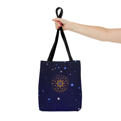 Brilliance Tote Bag with Starry Night Print and Logo Black Handle Front Side with Model Hand