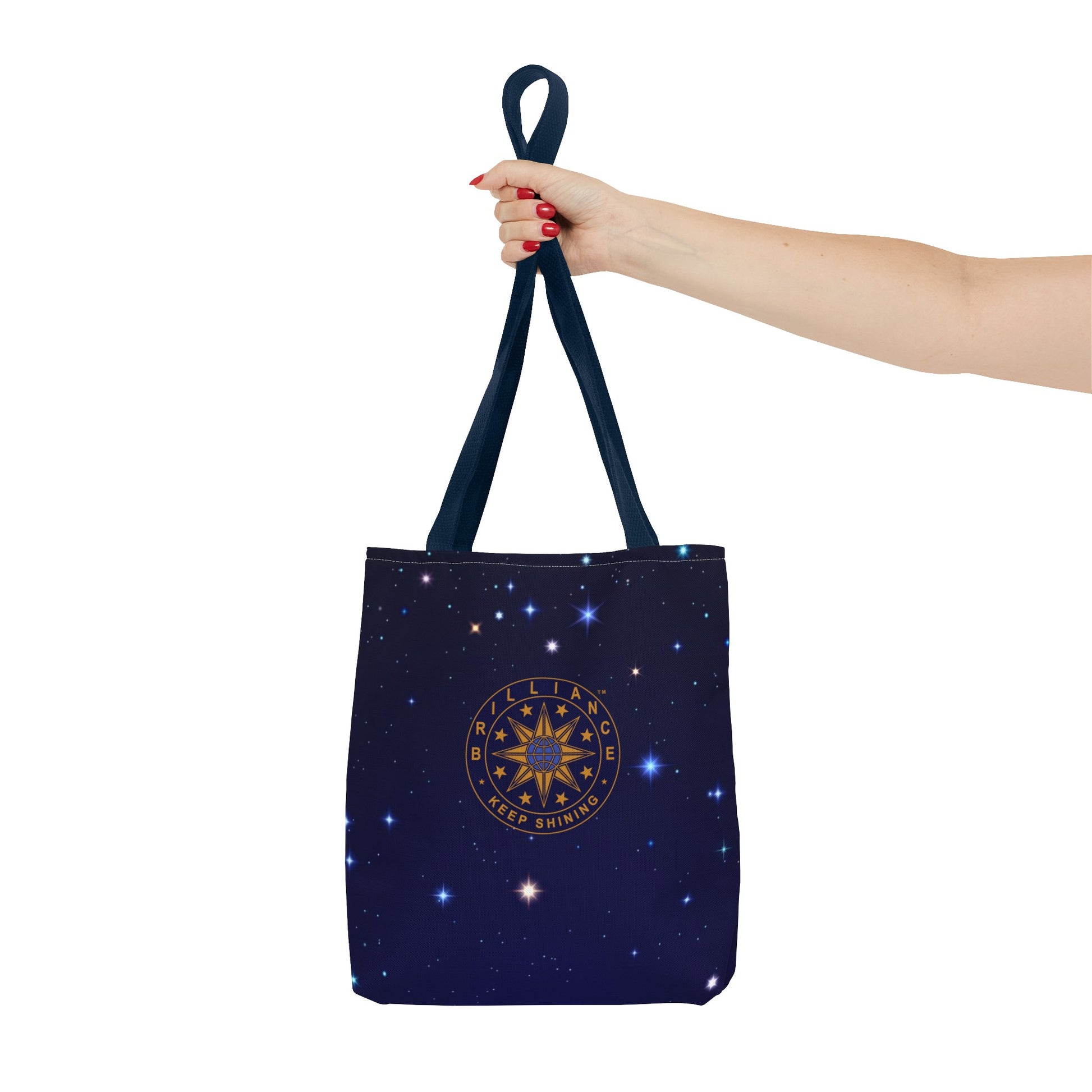 Brilliance Tote Bag with Starry Night Print and Logo Navy Handle Front Side with Model Hand