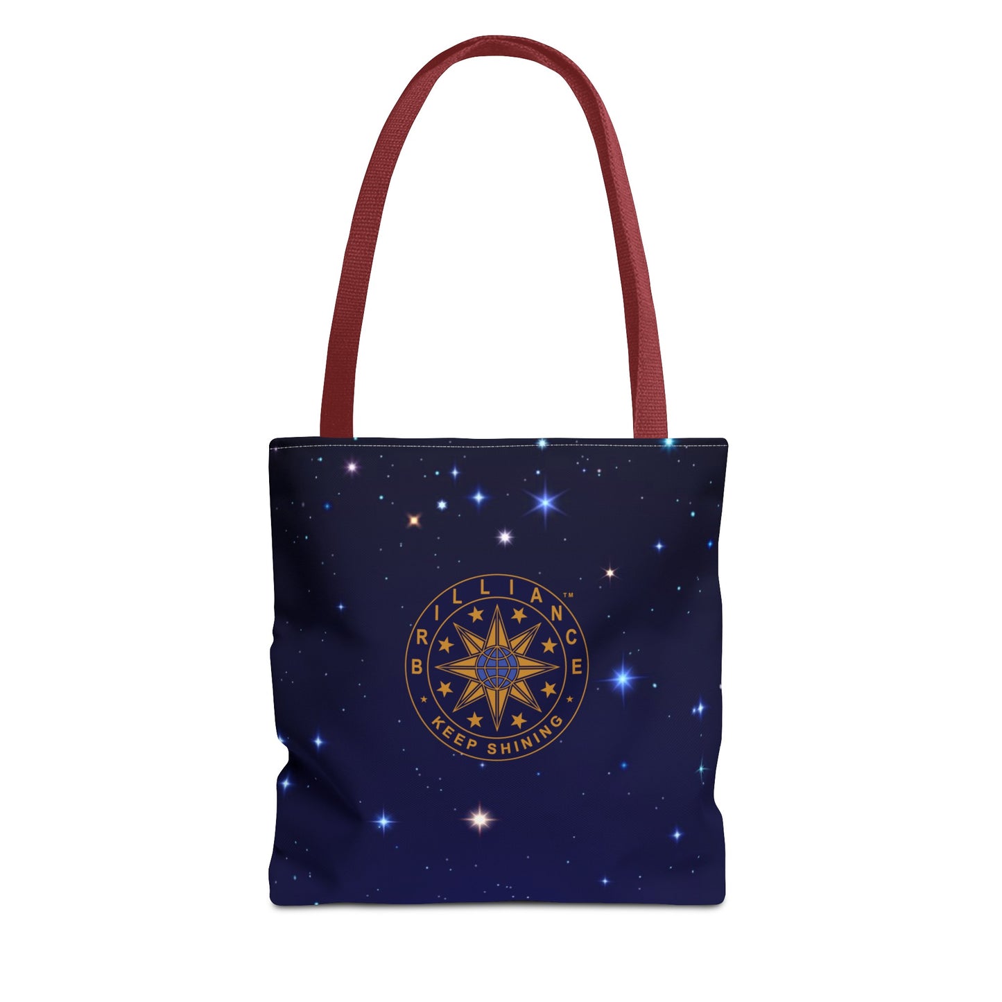 Brilliance Tote Bag with Starry Night Print and Logo Red Handle Front Side