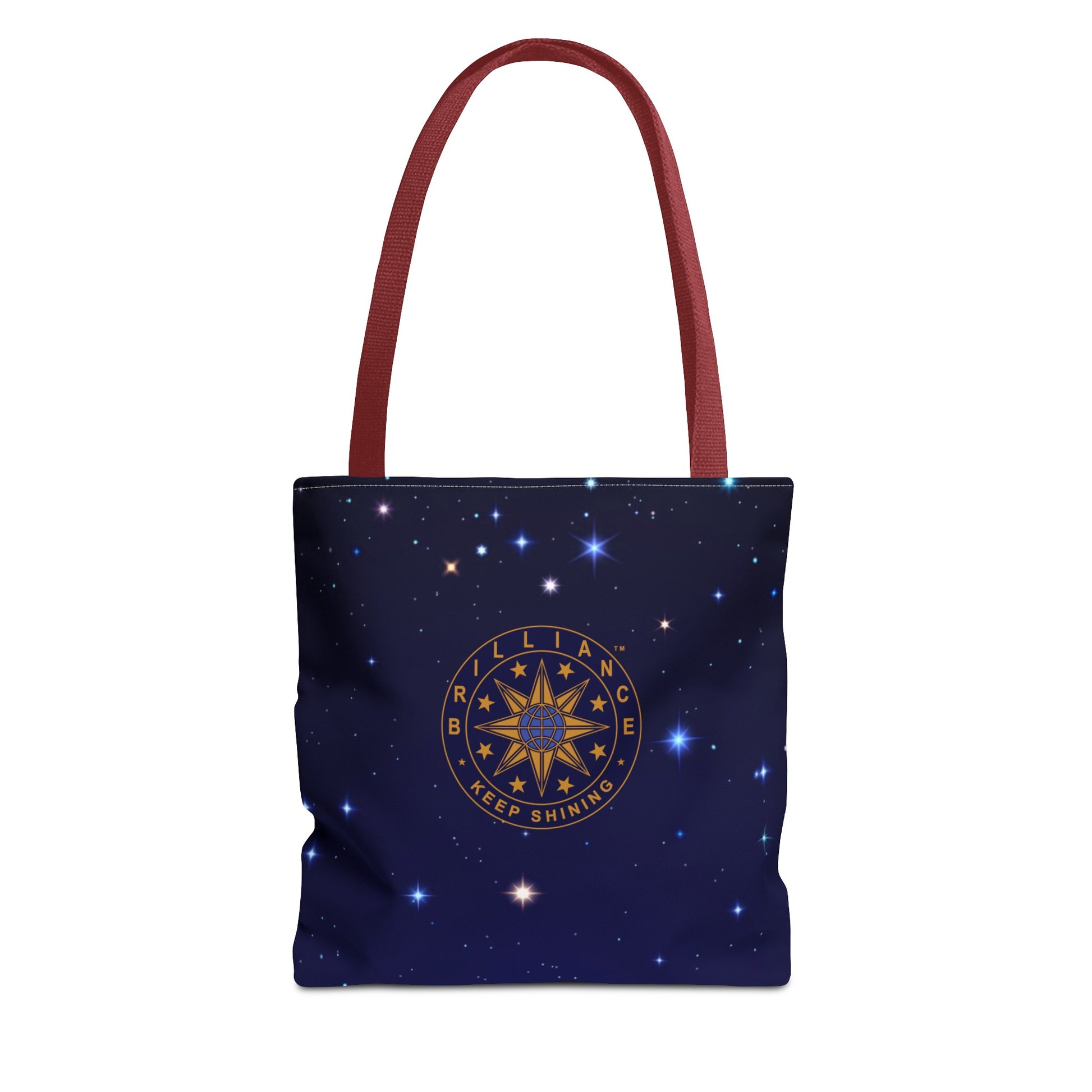 Brilliance Tote Bag with Starry Night Print and Logo Red Handle Front Side