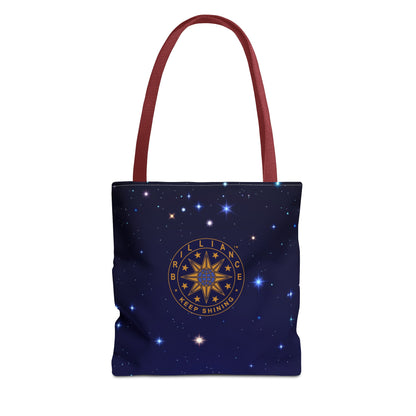 Brilliance Tote Bag with Starry Night Print and Logo Red Handle Front Side