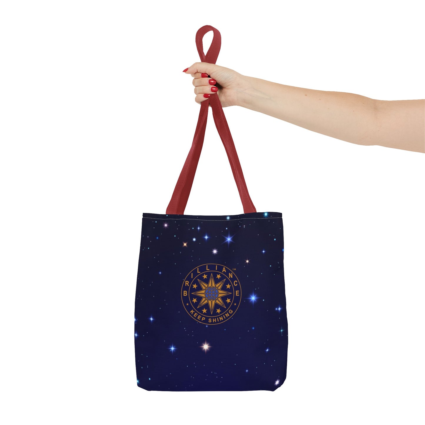 Brilliance Tote Bag with Starry Night Print and Logo Red Handle Front Side with Model Hand