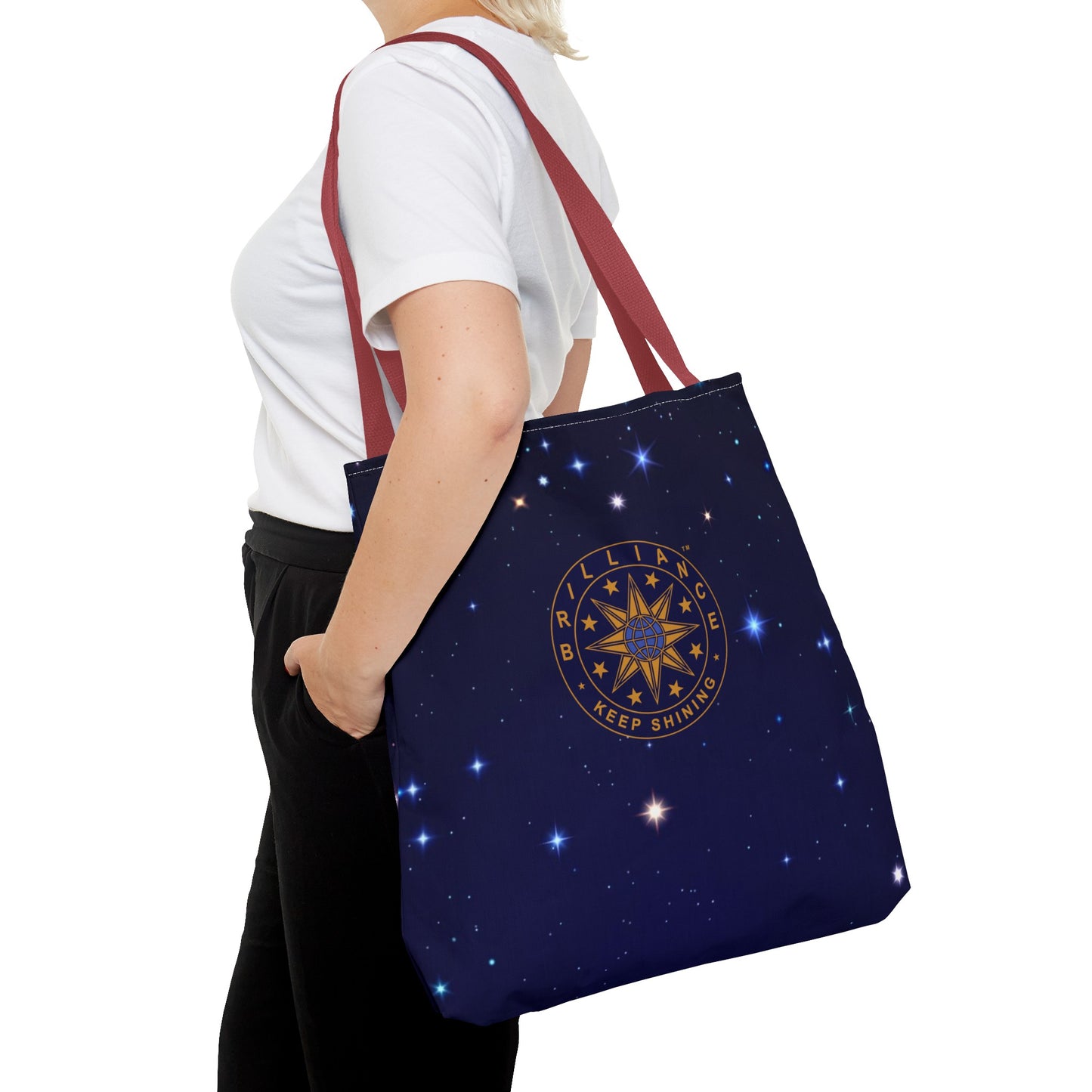 Brilliance Tote Bag with Starry Night Print and Logo Red Handle Slant with Model