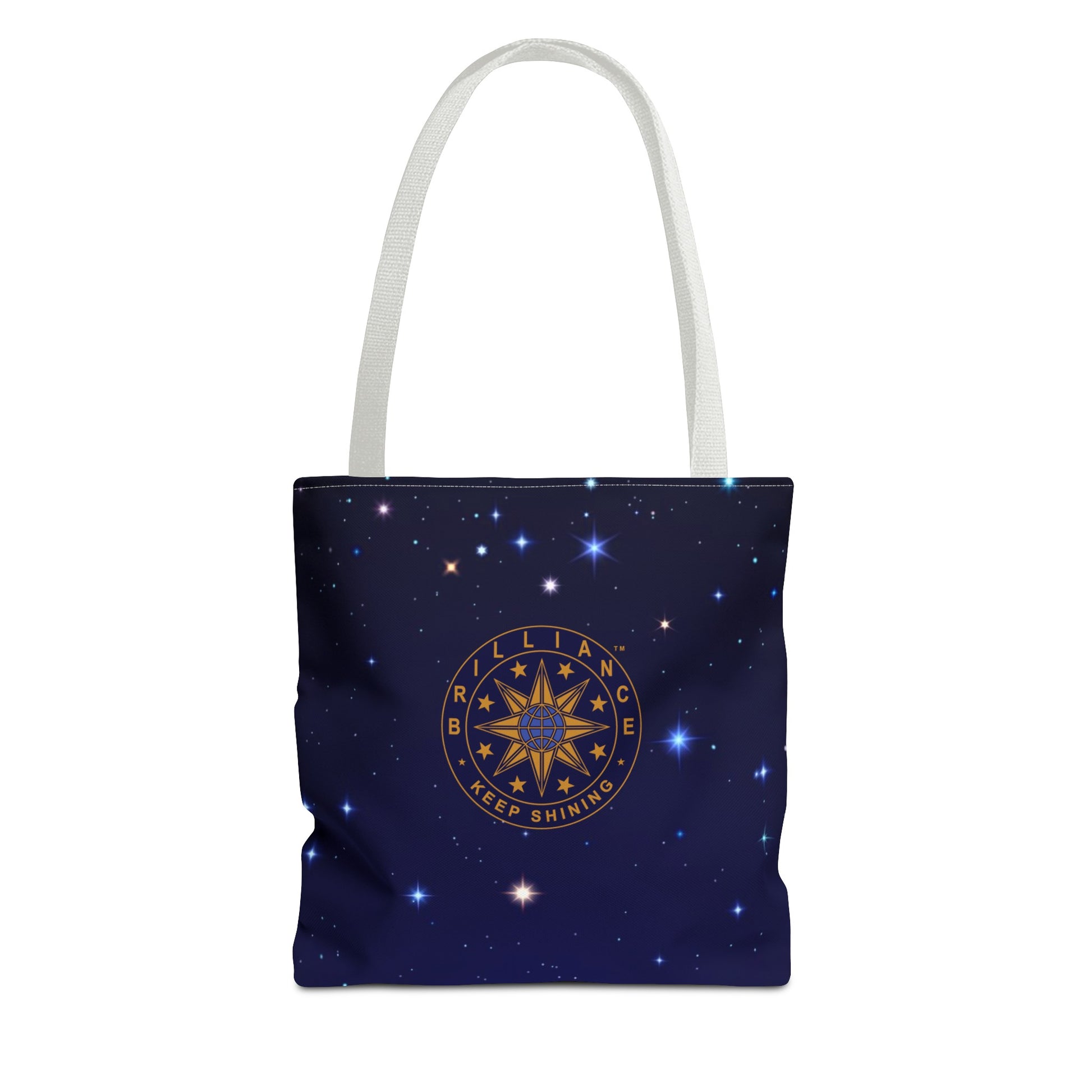 Brilliance Tote Bag with Starry Night Print and Logo White Handle Front Side