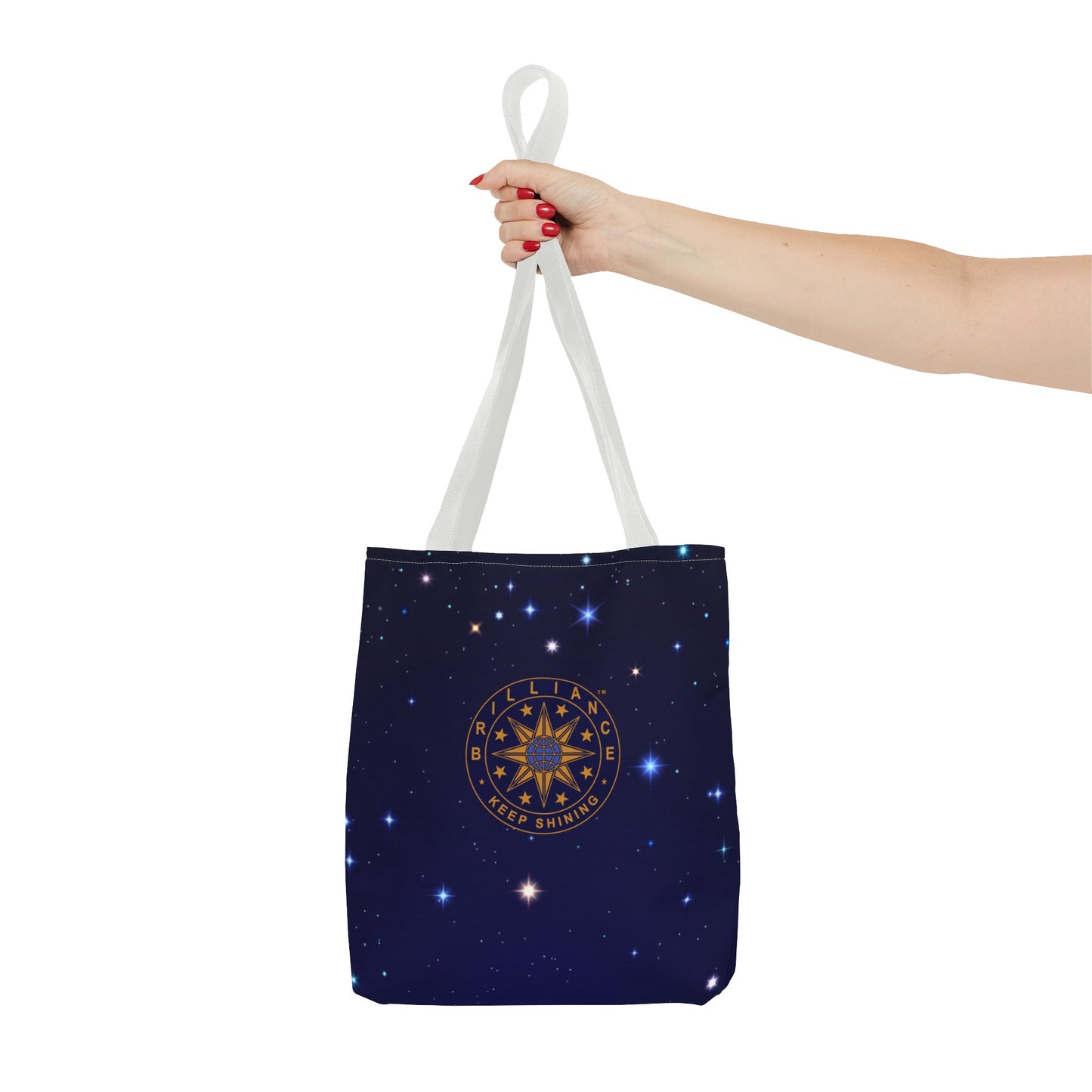 Brilliance Tote Bag with Starry Night Print and Logo White Handle Front Side with Model Hand