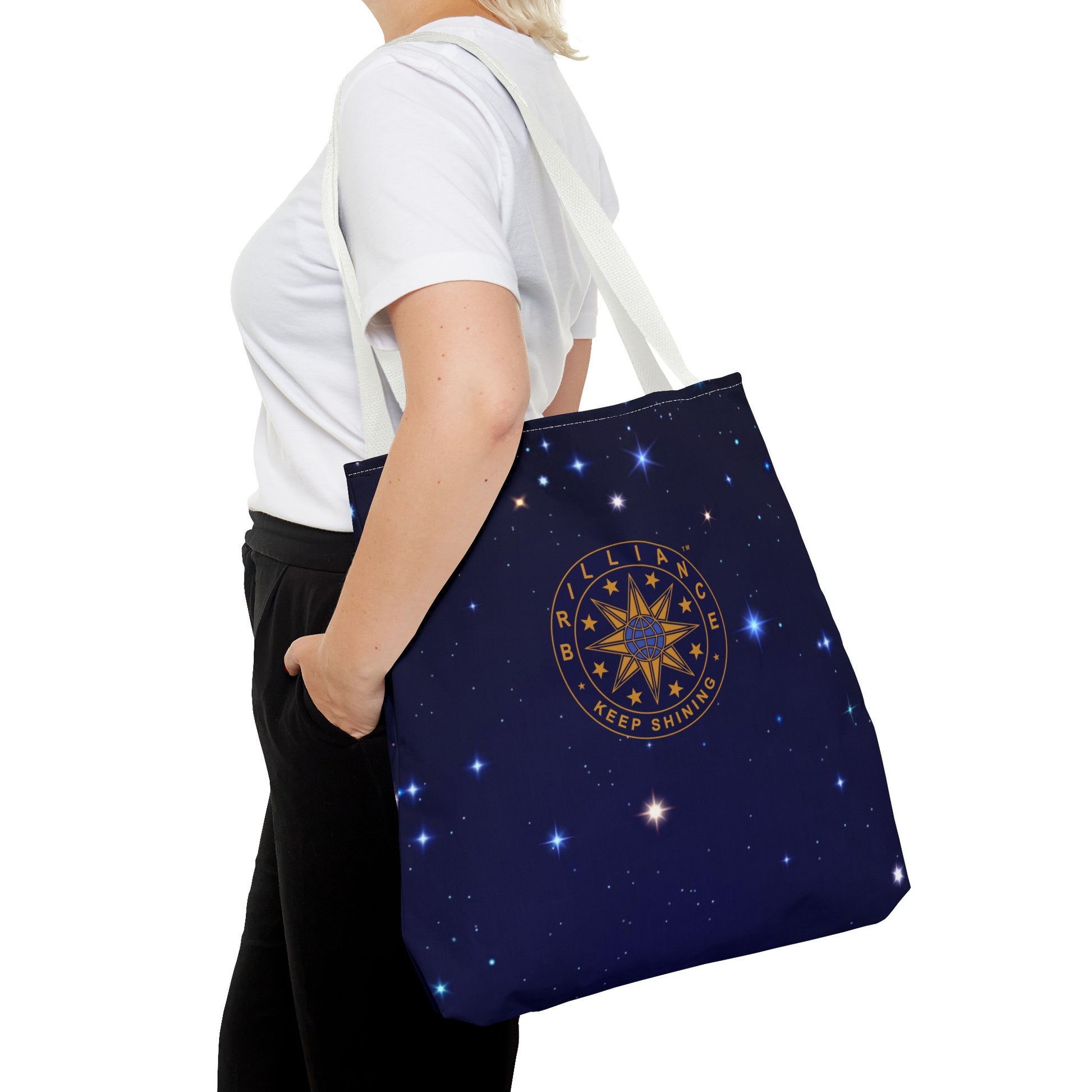 Brilliance Tote Bag with Starry Night Print and Logo White Handle Slant with Model