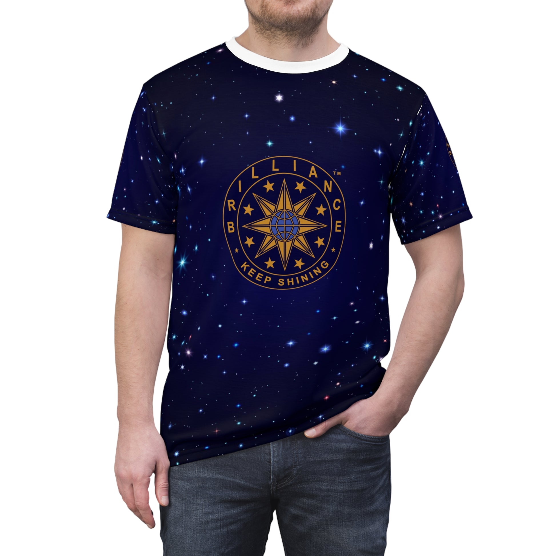 Brilliance Unisex Cut & Sew Tee with Starry Night Print and Logo Black Stitching Front Side with Model