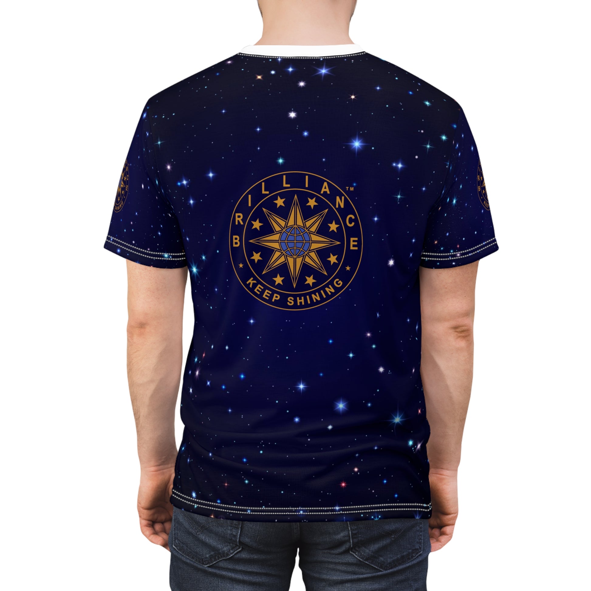 Brilliance Unisex Cut & Sew Tee with Starry Night Print and Logo White Stitching Back Side with Model