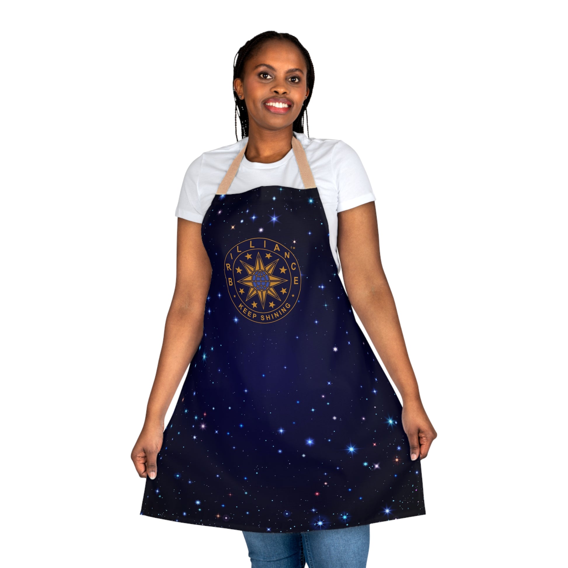 Brilliance Women's Apron with Starry Night Print and Logo Beige Strap Front Side with Model