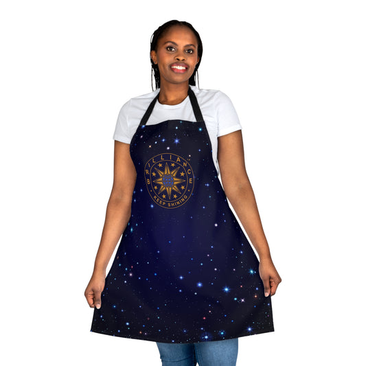 Brilliance Women's Apron with Starry Night Print and Logo Black Strap Front Side with Model