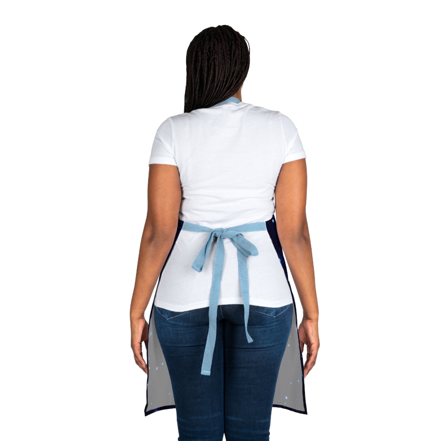 Brilliance Women's Apron with Starry Night Print and Logo Blue Strap Back Side with Model