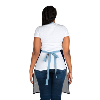 Brilliance Women's Apron with Starry Night Print and Logo Blue Strap Back Side with Model