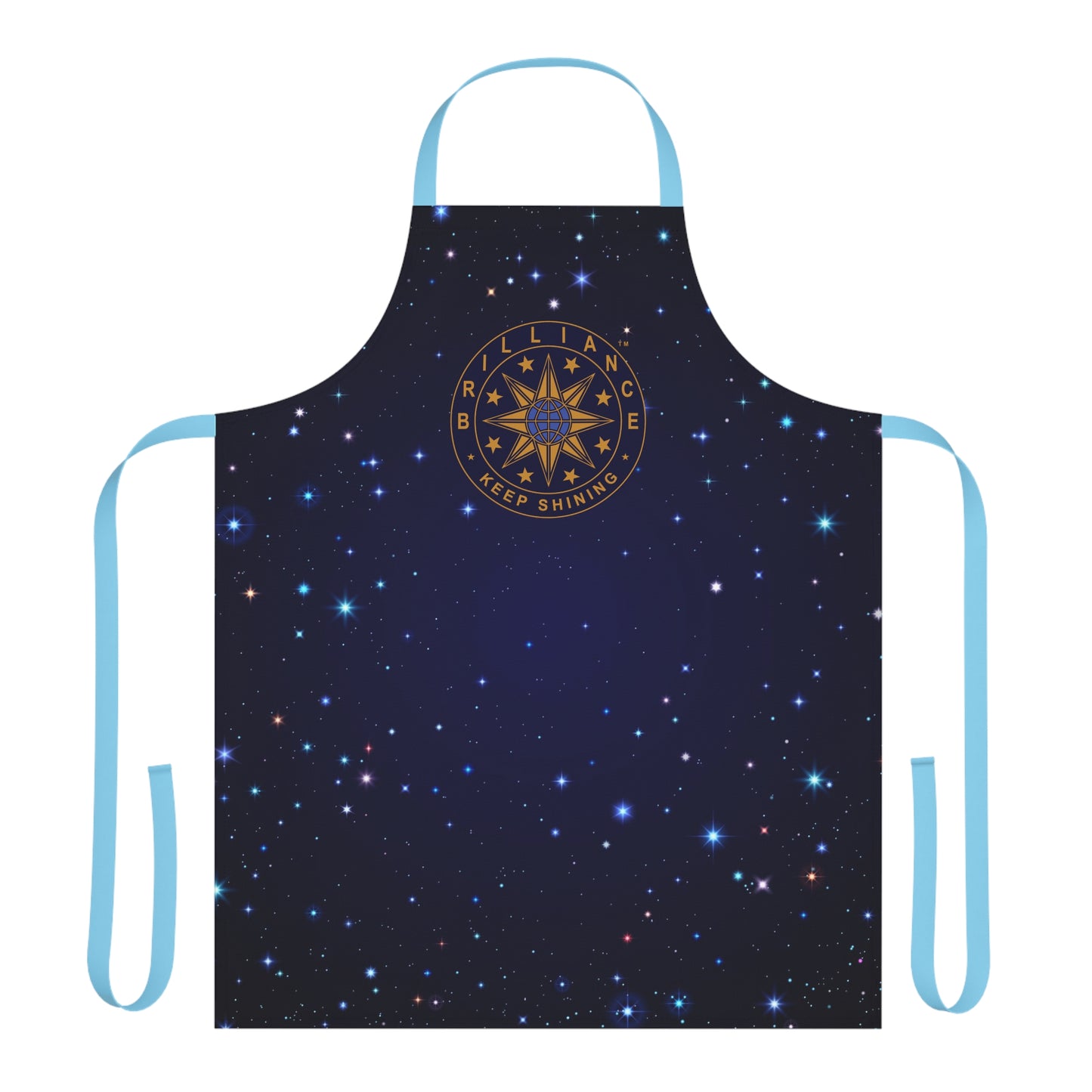 Brilliance Women's Apron with Starry Night Print and Logo Blue Strap Front Side