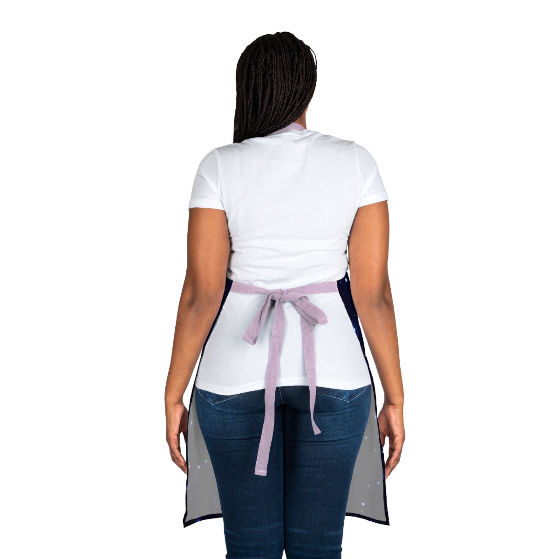 Brilliance Women's Apron with Starry Night Print and Logo Pink Strap Back Side with Model