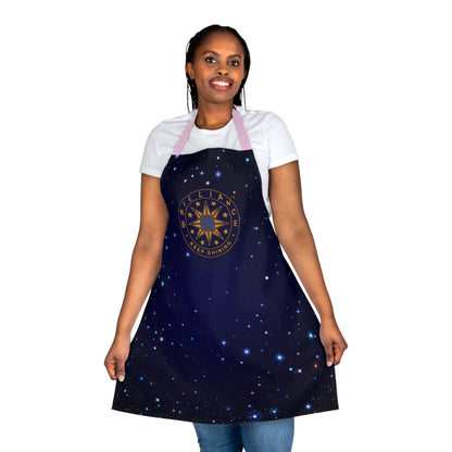 Brilliance Women's Apron with Starry Night Print and Logo Pink Strap Front Side with Model