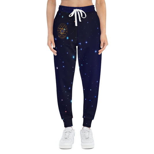 Brilliance Women's Athletic Joggers w/ Starry Night Print & Logo Front Side with Model