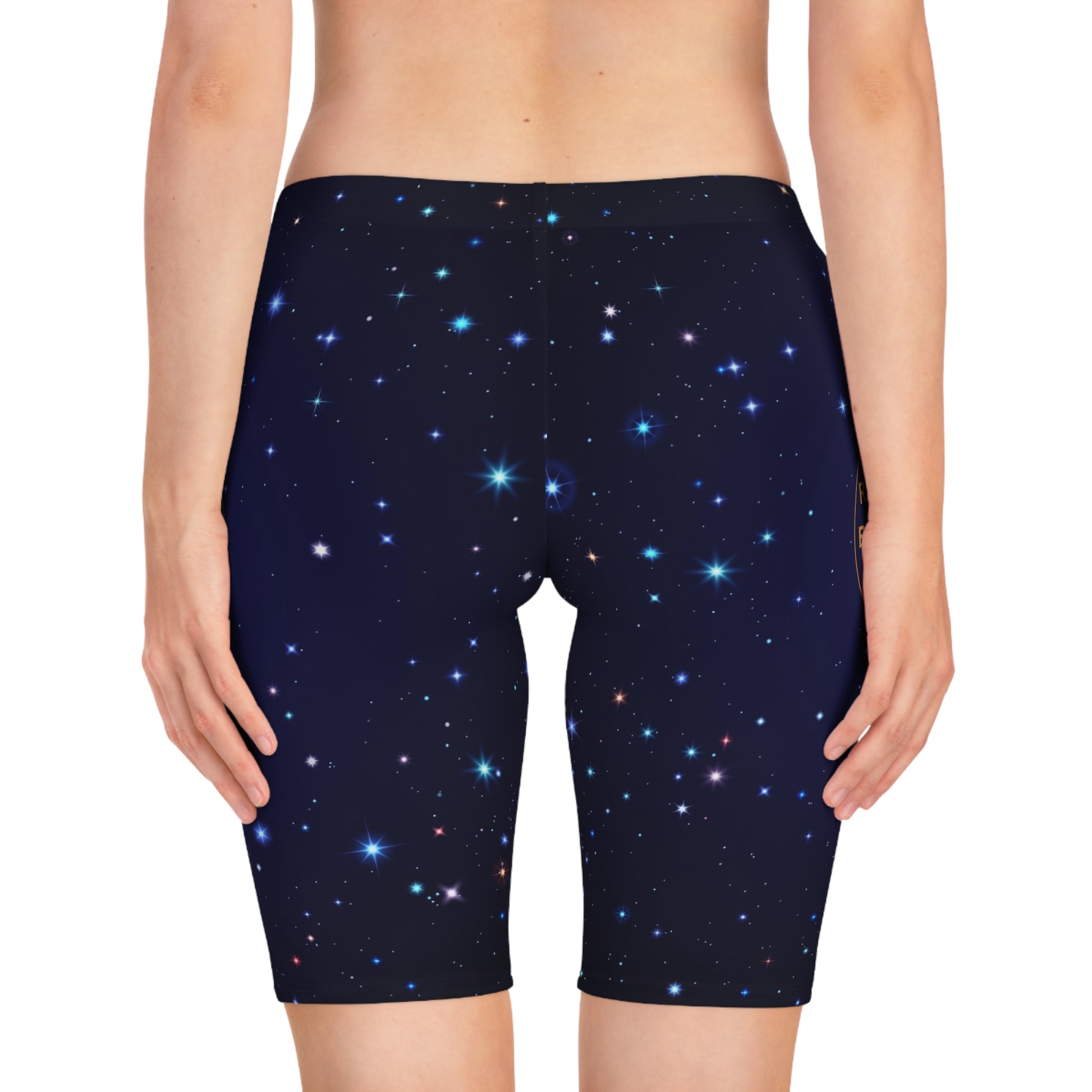Brilliance Women's Bike Shorts with Starry Night Print and Logo Back Side with Model