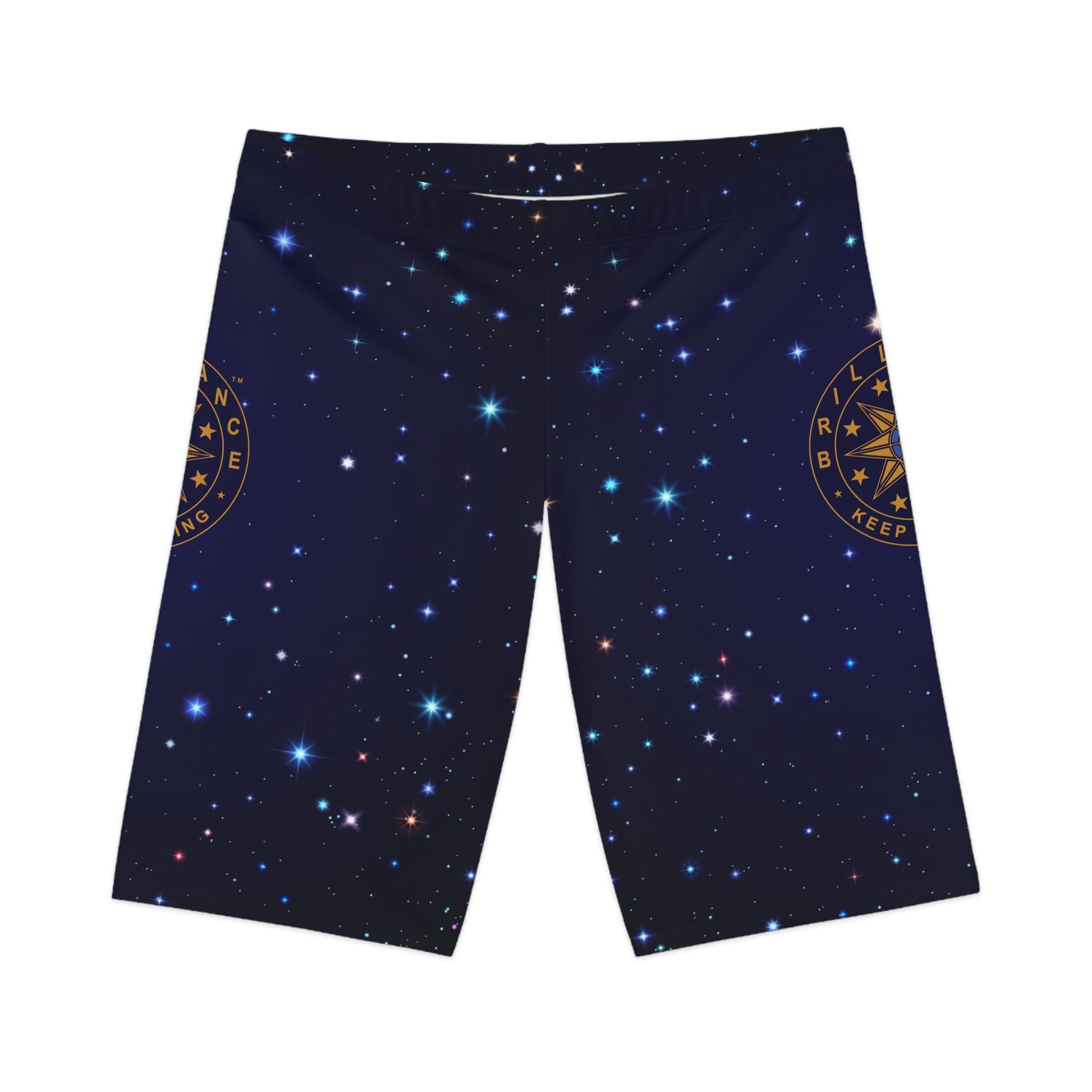 Brilliance Women's Bike Shorts with Starry Night Print and Logo Front Side