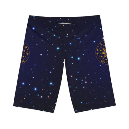 Brilliance Women's Bike Shorts with Starry Night Print and Logo Front Side