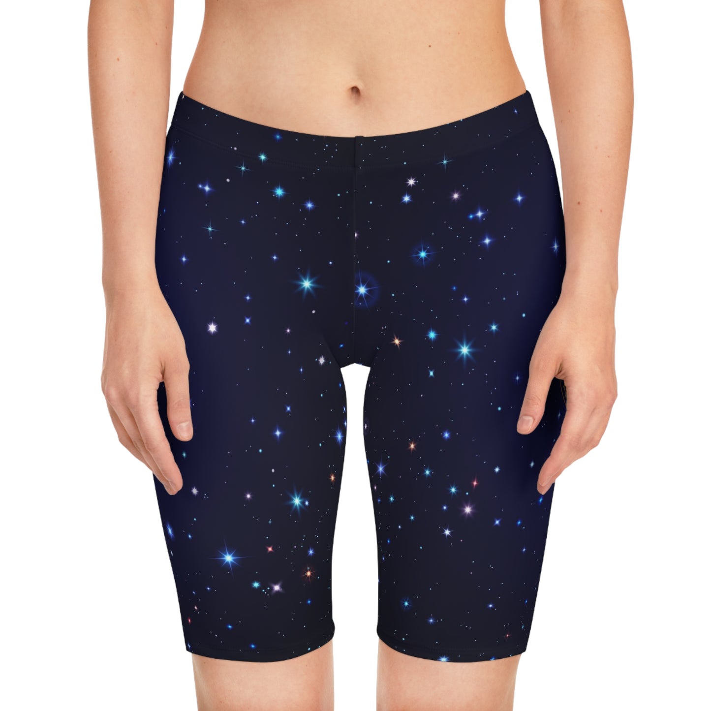 Brilliance Women's Bike Shorts with Starry Night Print and Logo Front Side with Model