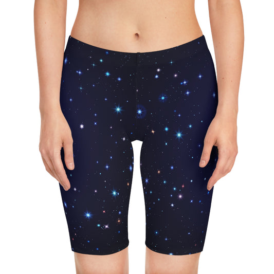 Brilliance Women's Bike Shorts with Starry Night Print and Logo Front Side with Model