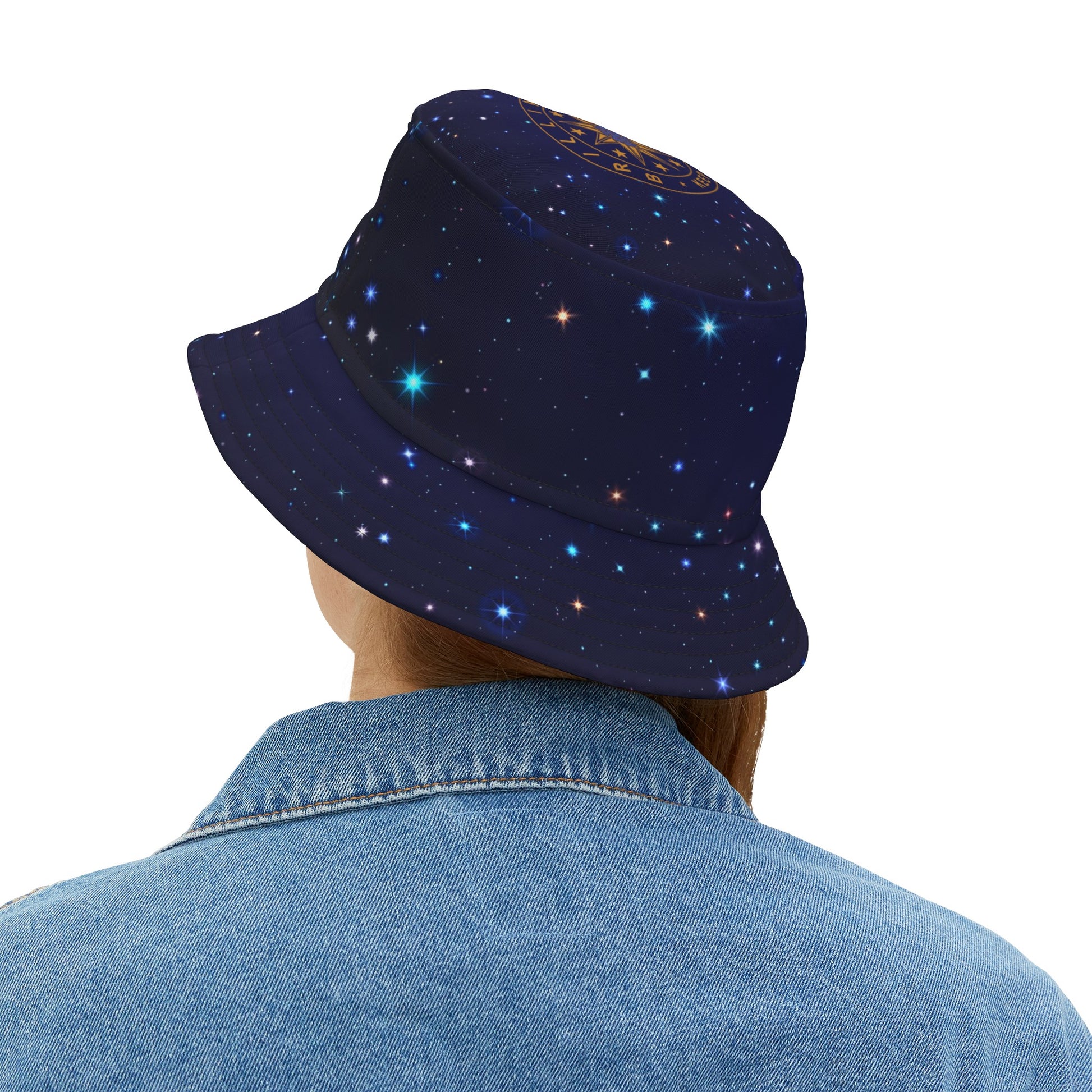 Brilliance Women's Bucket Hat with Starry Night Print and Logo Black Stitching Back Slant with Model