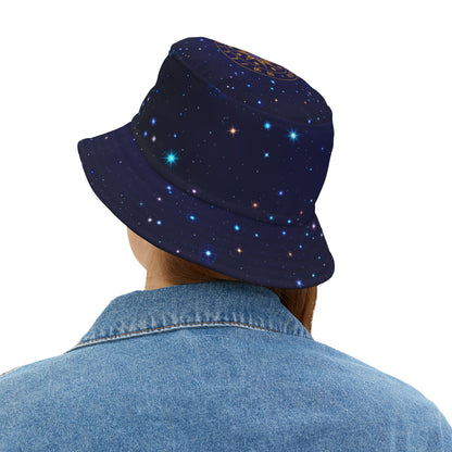 Brilliance Women's Bucket Hat with Starry Night Print and Logo Black Stitching Back Slant with Model