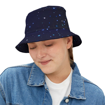 Brilliance Women's Bucket Hat with Starry Night Print and Logo Black Stitching Front Slant with Model