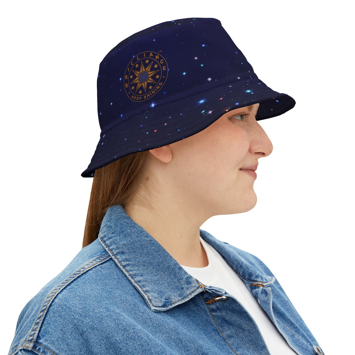 Brilliance Women's Bucket Hat with Starry Night Print and Logo Black Stitching Right Side with Model