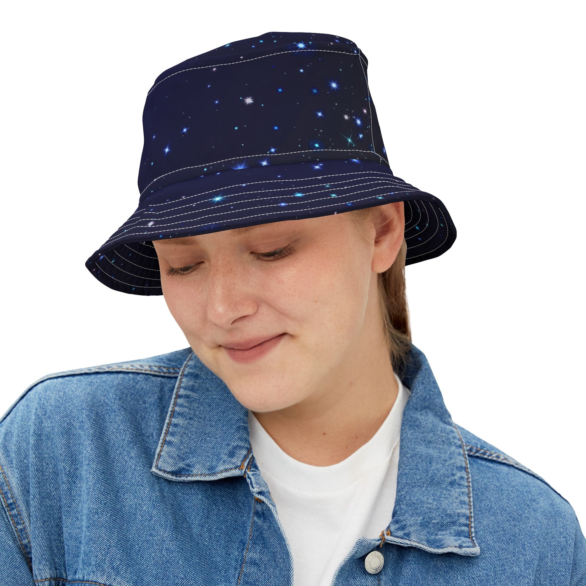 Brilliance Women's Bucket Hat with Starry Night Print and Logo White Stitching Front Slant with Model