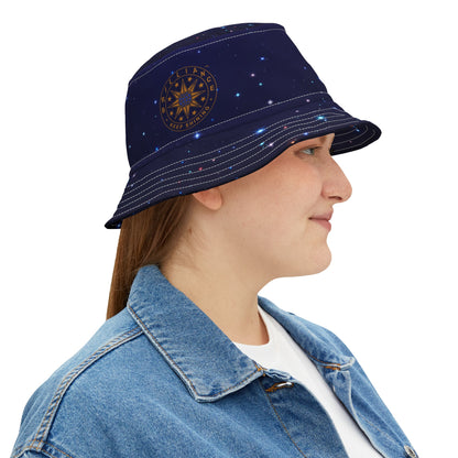 Brilliance Women's Bucket Hat with Starry Night Print and Logo White Stitching Right Side with Model
