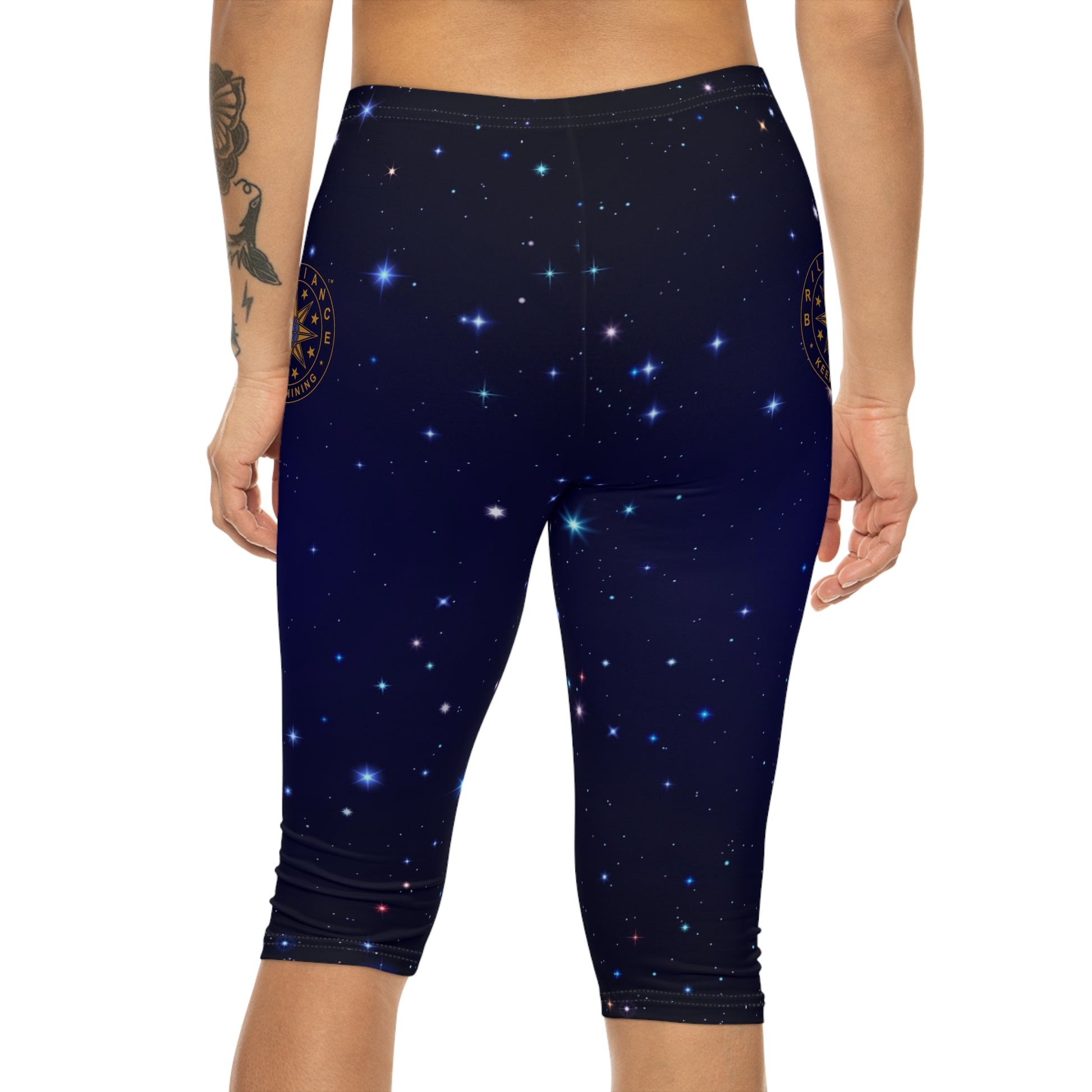 Brilliance Women’s Capri Leggings with Starry Night Print and Logo Back Side with Model