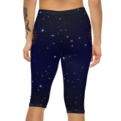 Brilliance Women’s Capri Leggings with Starry Night Print and Logo Back Side with Model