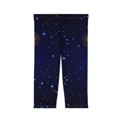 Brilliance Women’s Capri Leggings with Starry Night Print and Logo Front Side