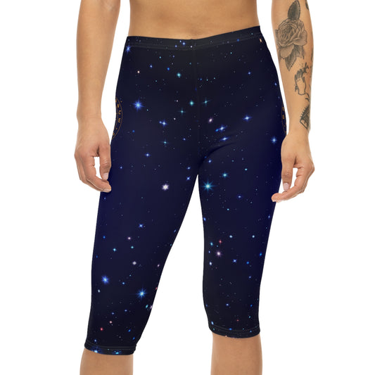Brilliance Women’s Capri Leggings with Starry Night Print and Logo Front Side with Model